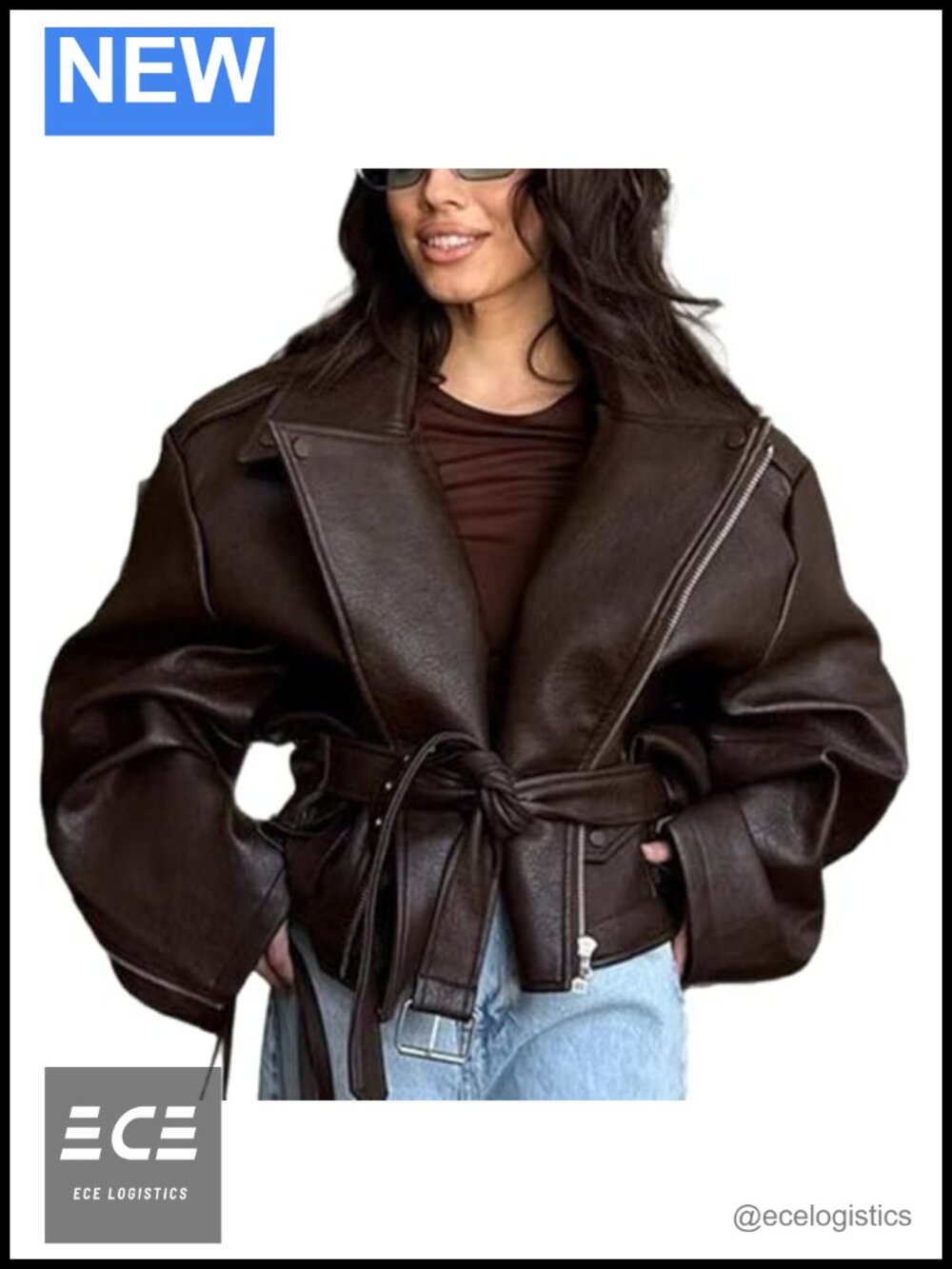 Faux Leather Cropped Moto Jacket Zip Up Oversized Belted Y2K Streetwear